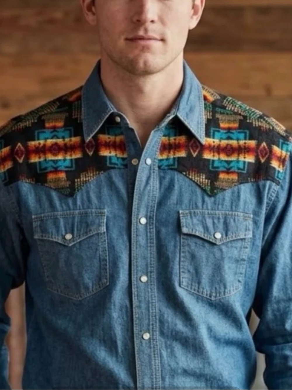 Pendleton Blue Denim Shirt with Multicolor Southwestern Yoke..NWT, VINTAGE